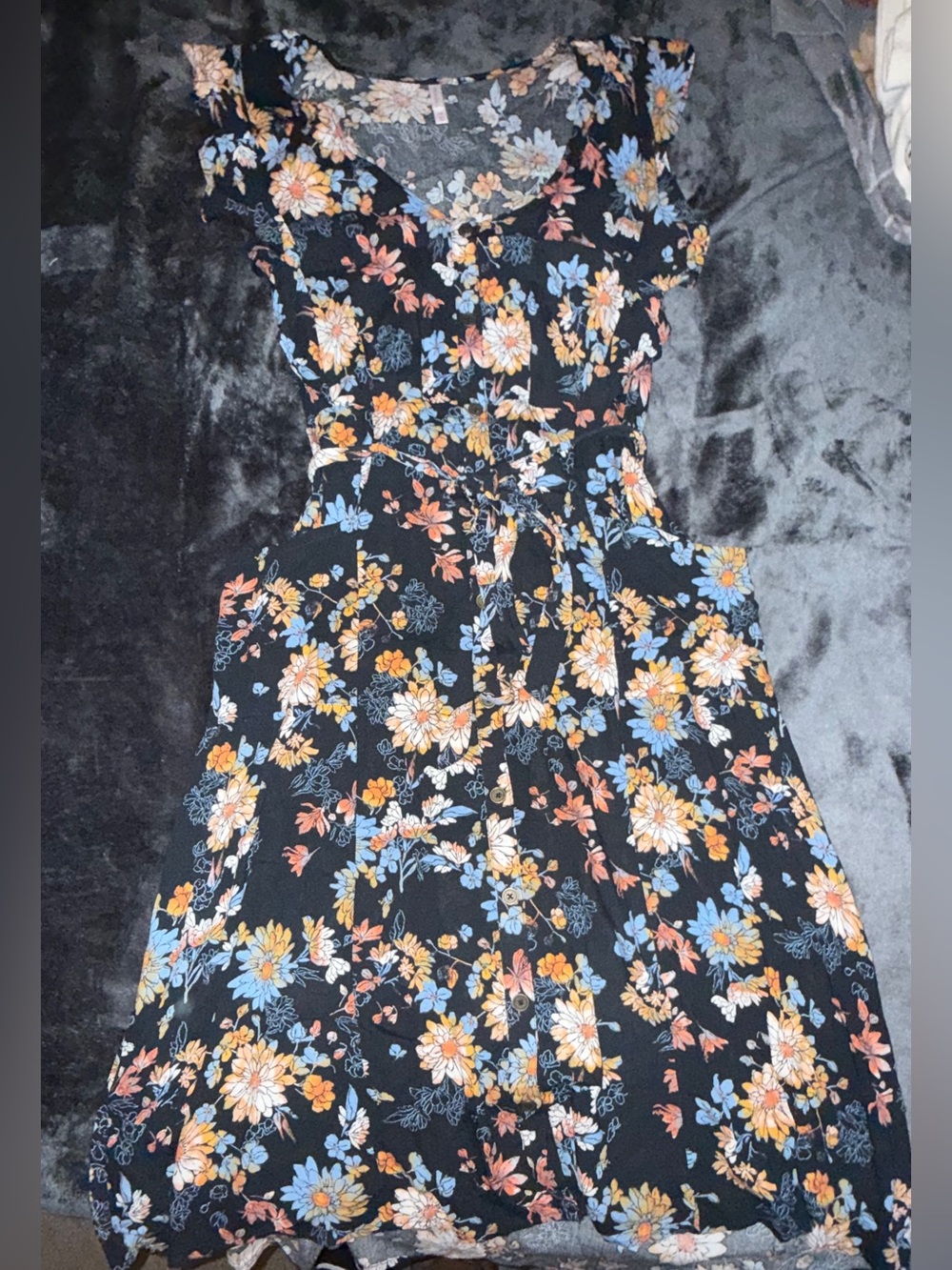 Floral Tie-Waist Black Midi Dress with Blue & Yellow Flowers